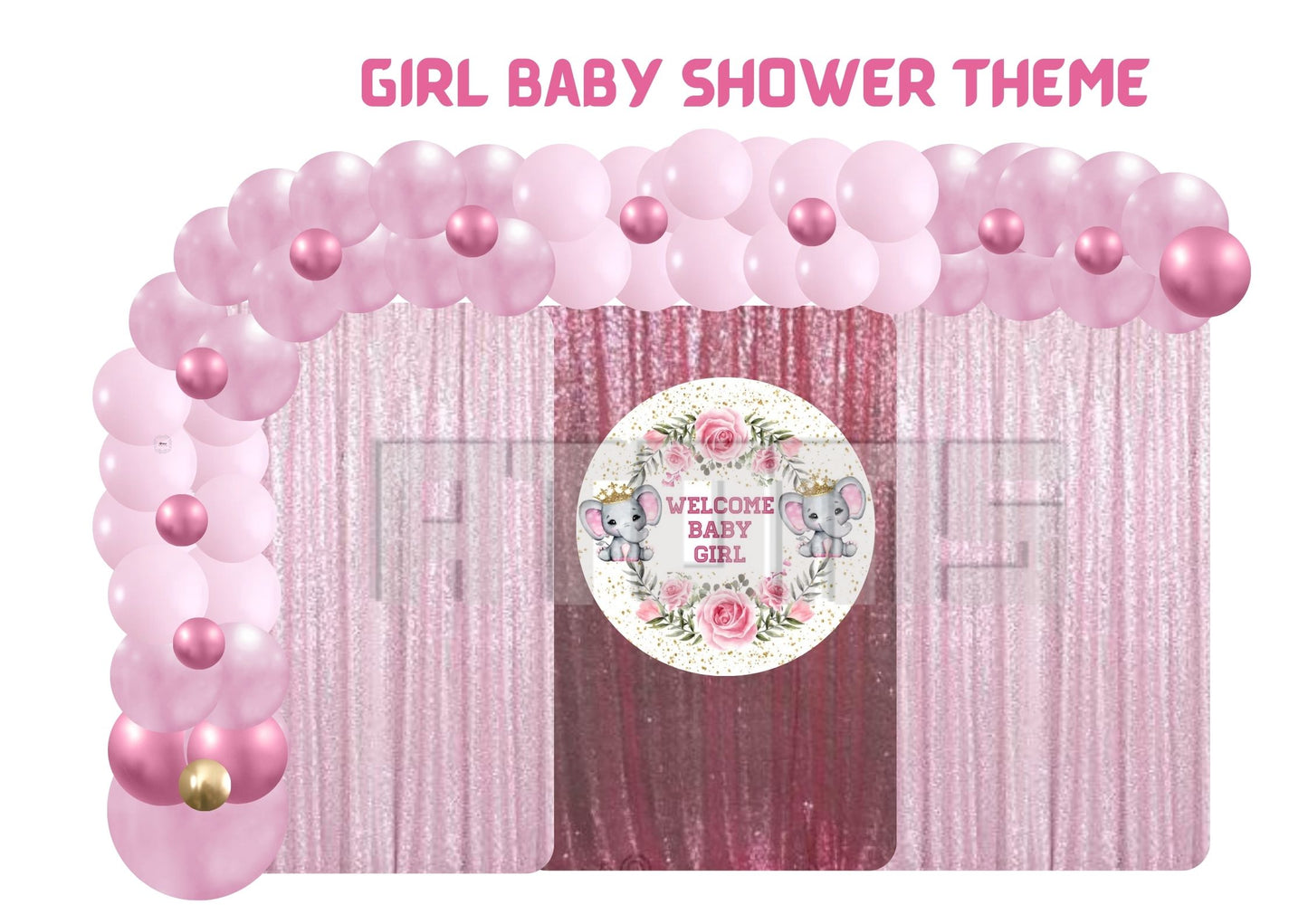 Girl Baby Shower Curtain Gold Setup