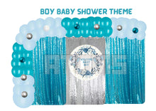Load image into Gallery viewer, Boy Baby Shower Curtain Gold Setup
