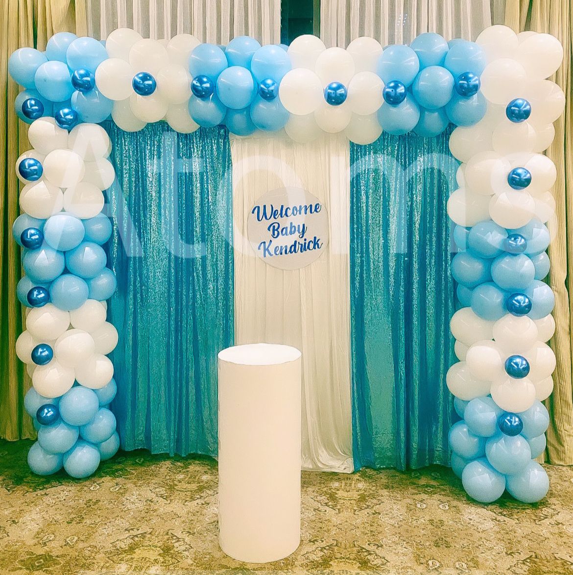 Blue Themed Baby Shower Curtain Setup