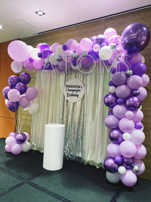 Purple Birthday Curtain Decor Setup