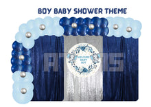 Load image into Gallery viewer, Boy Baby Shower Curtain Gold Setup

