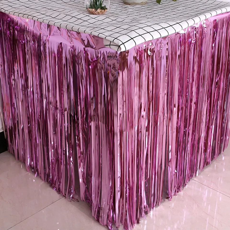 Pink Foil Table Skirt Table cover Tassel