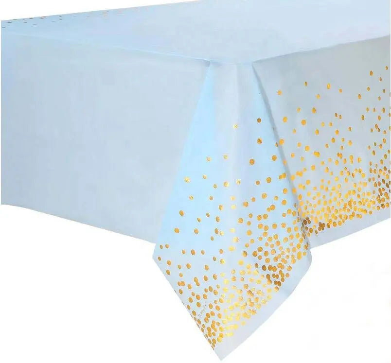 Light Blue Plastic Table cover with Gold dotes