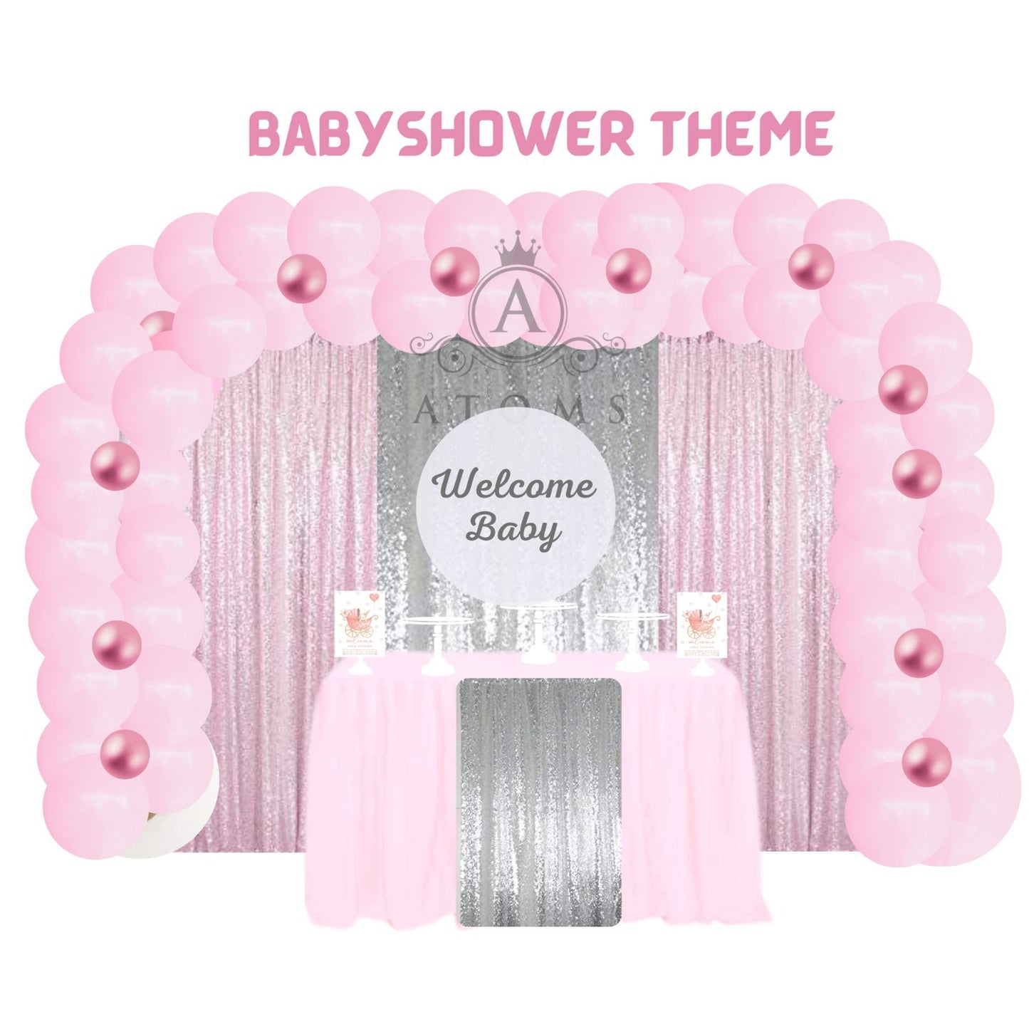 Pink and  Silver Baby Shower Curtain Gold  Setup