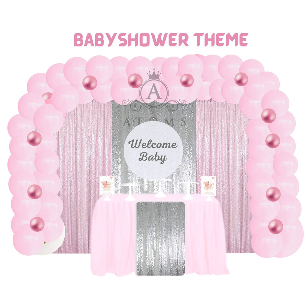 Pink and  Silver Baby Shower Curtain Gold  Setup