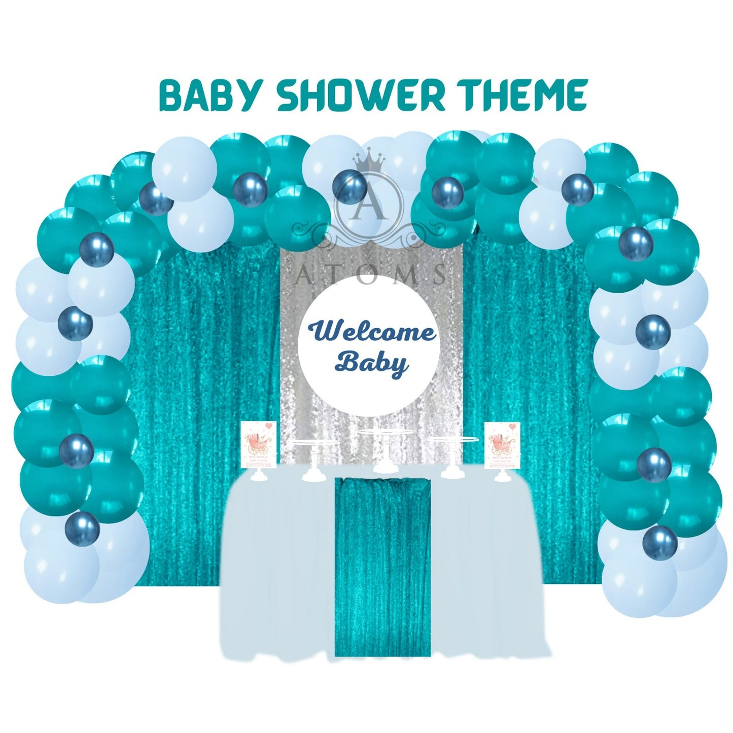 Peacock Blue and  Silver Baby Shower Curtain Gold  Setup